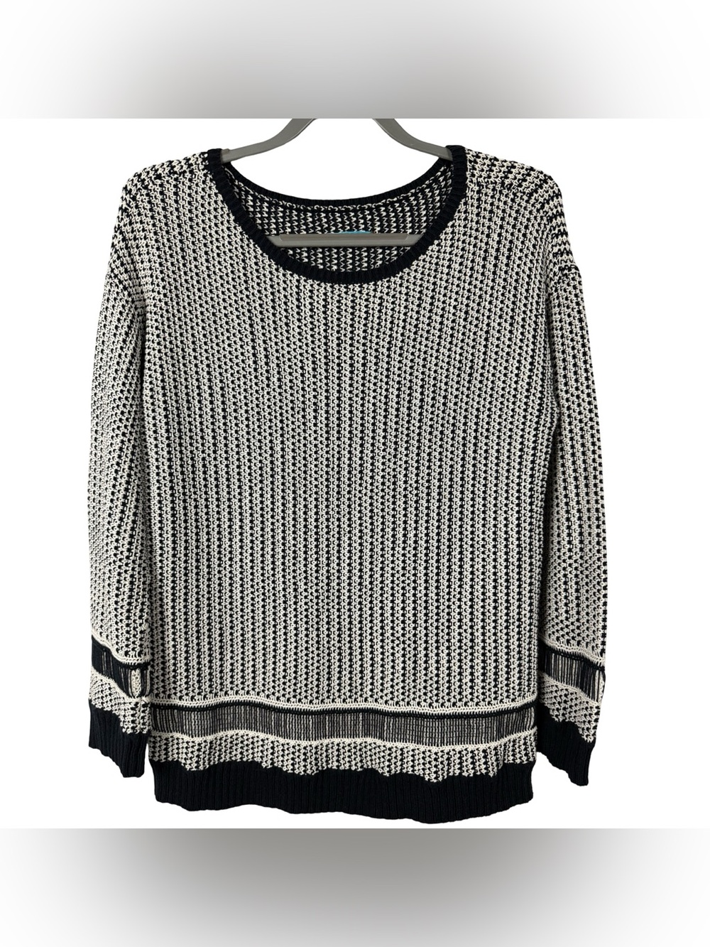 Alice + Olivia Sweater Dane Drop Shoulder Knit Medium Navy White Pattern